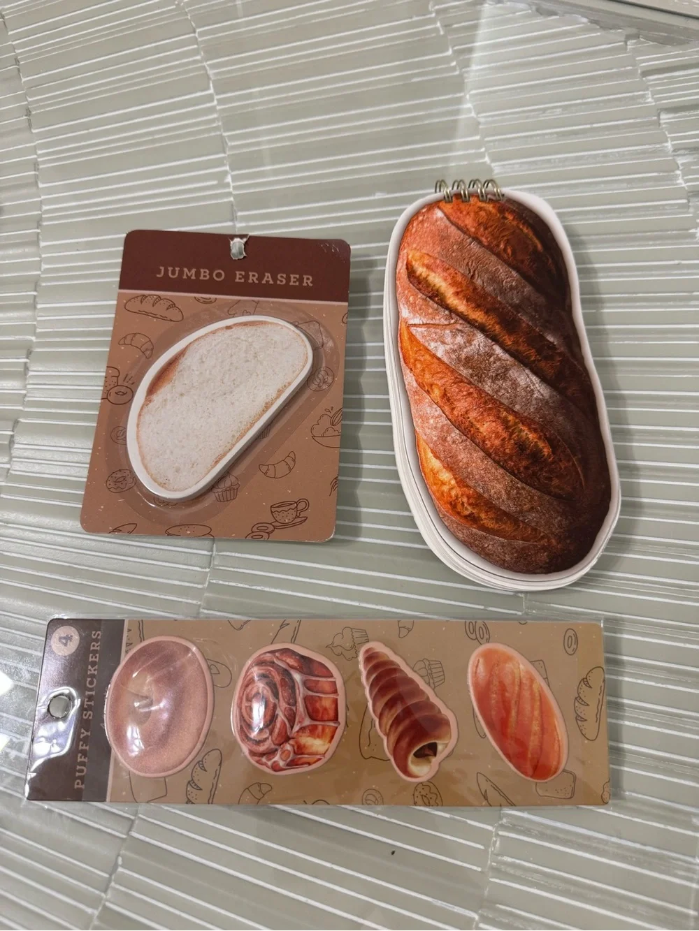 Bread & Pastry Jumbo Eraser, pen, notepad, Puffy Sticker Set - Brown